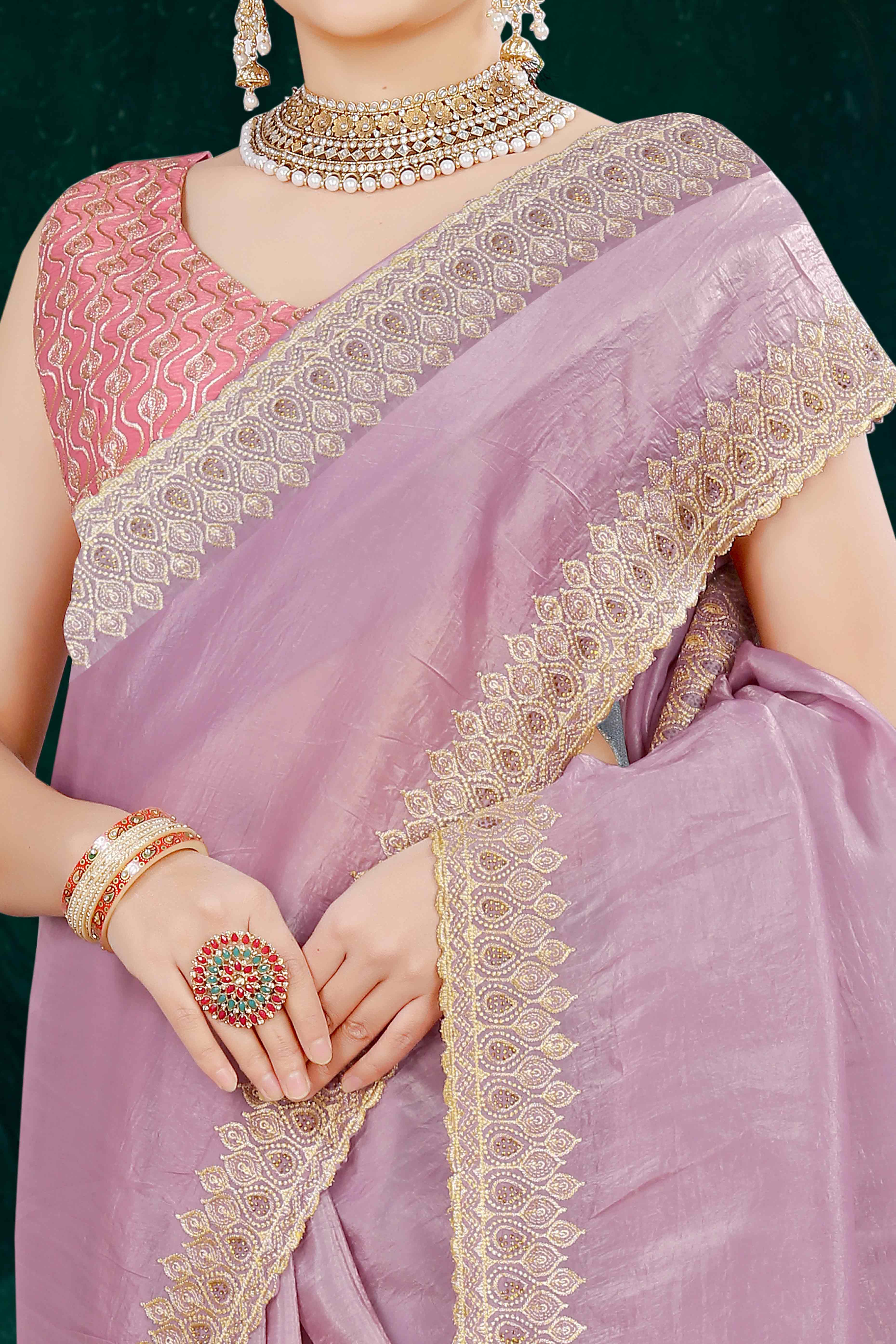Onion Pink Solid With Swarovski Work Tissue Gold Crush Saree