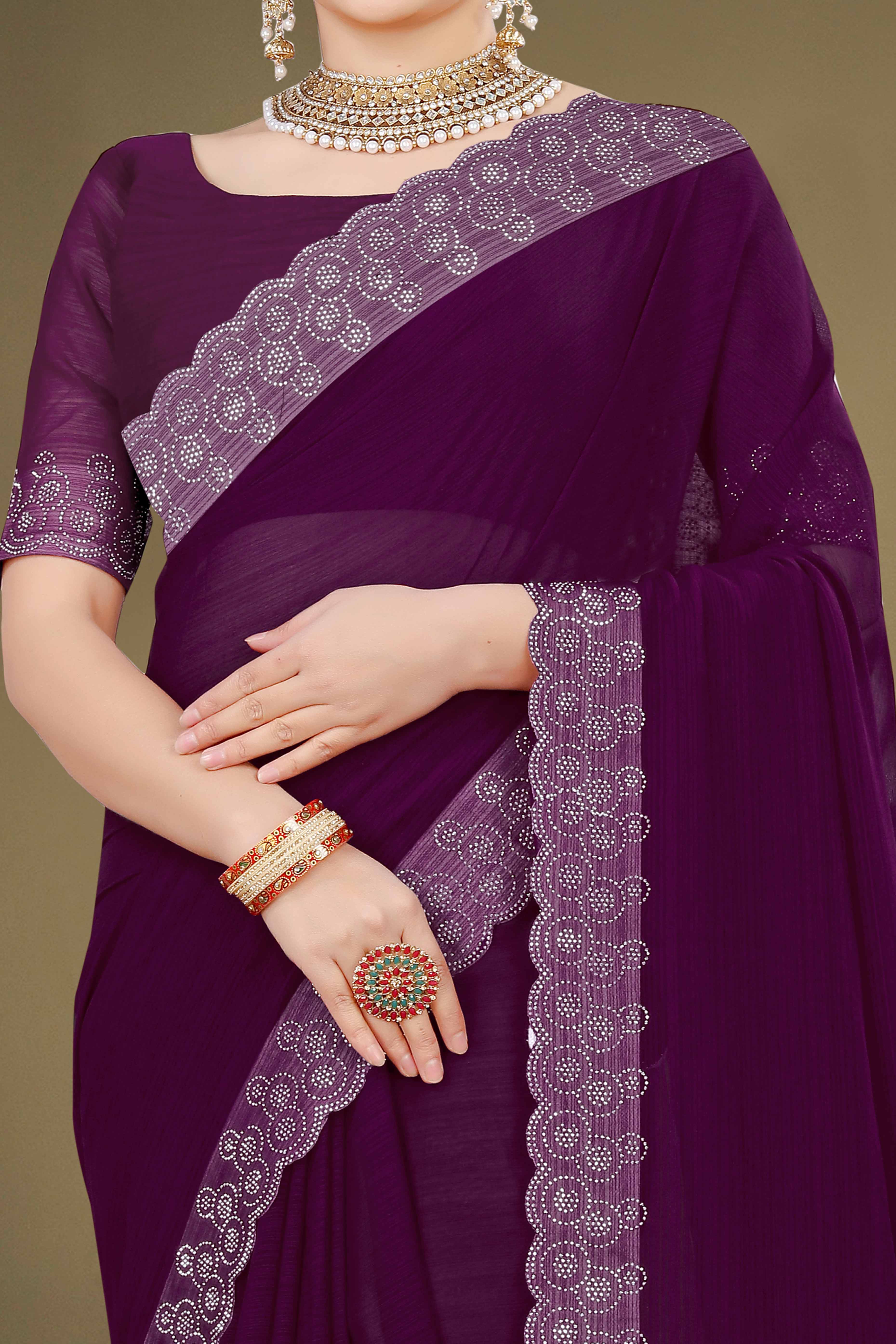 Wine Solid With Swarovski Work Chiffon Saree