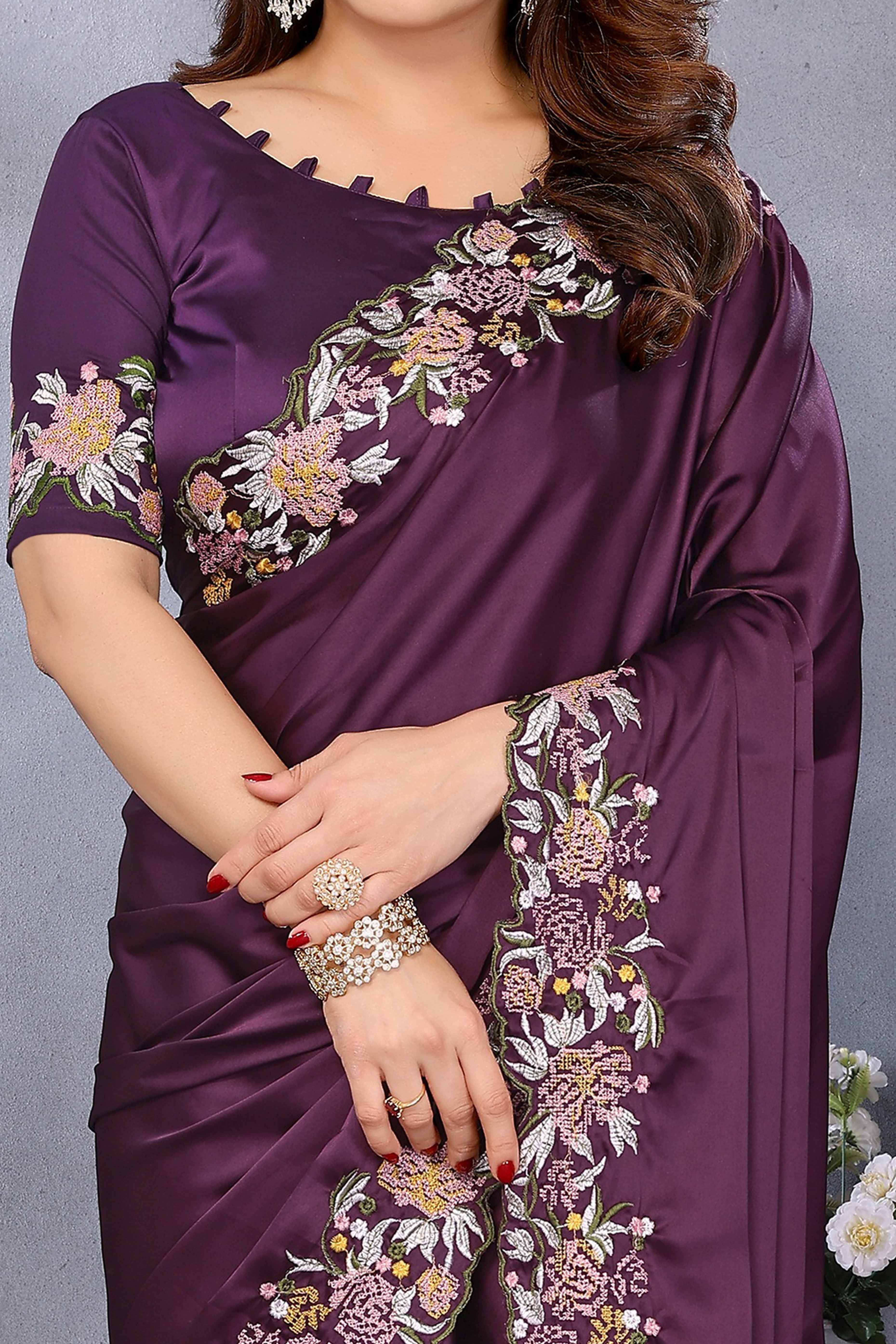 Deep Wine Satin Saree Featuring Floral Embroidery and Elegant Resham Thread Work