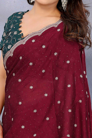 Elegant Wine Silk Blend Saree with Opulent Zari Embroidery and Sparkling Stone Work