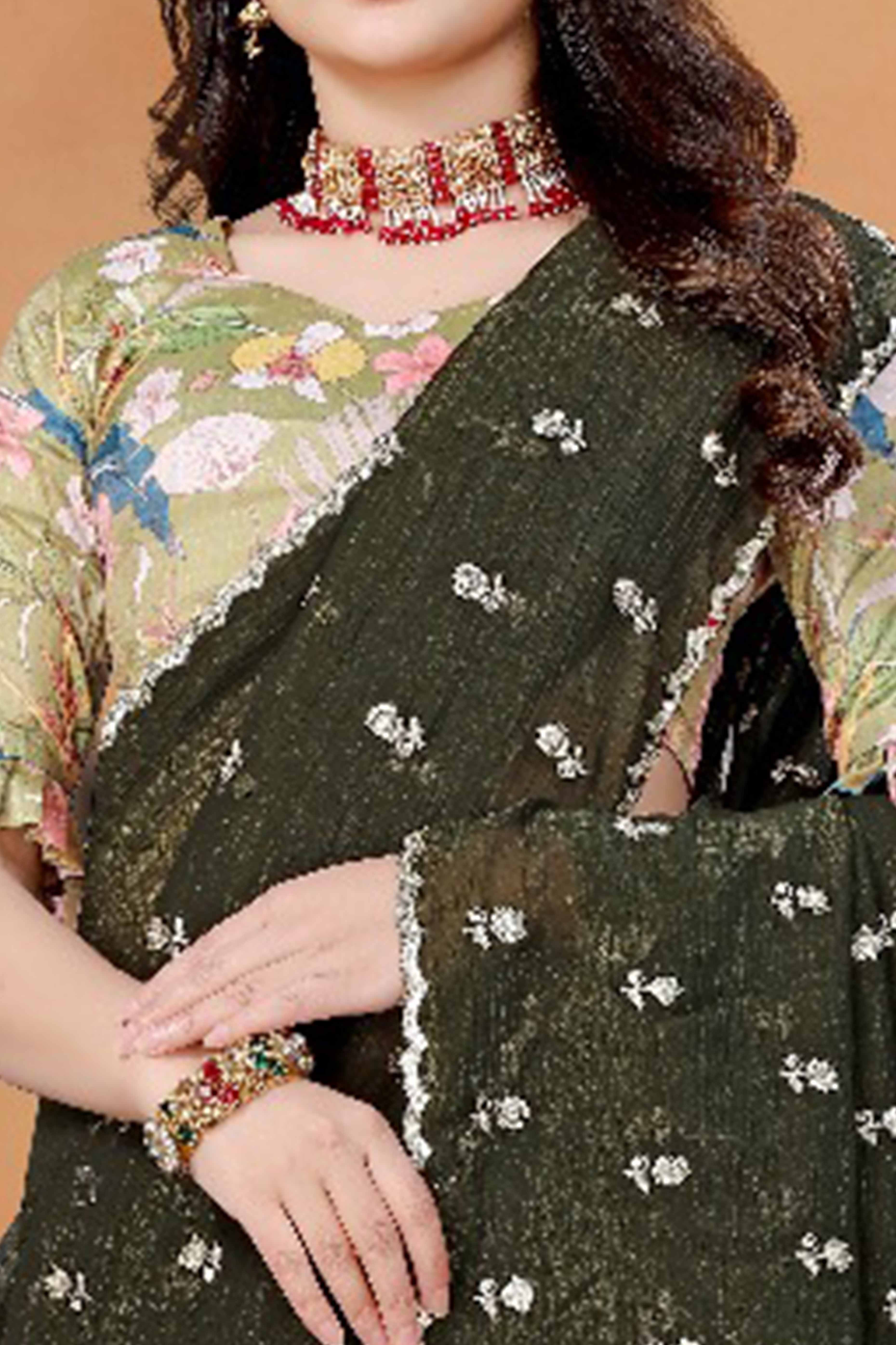 Mehendi Green Crunchy Saree Adorned With Floral Sequins Embroidery & Graceful Border Finish