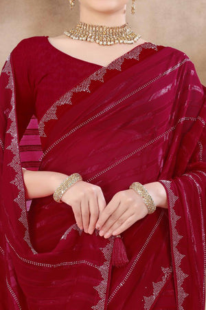 Maroon Chiffon Party Saree Featuring Delicate Stone Embellishments