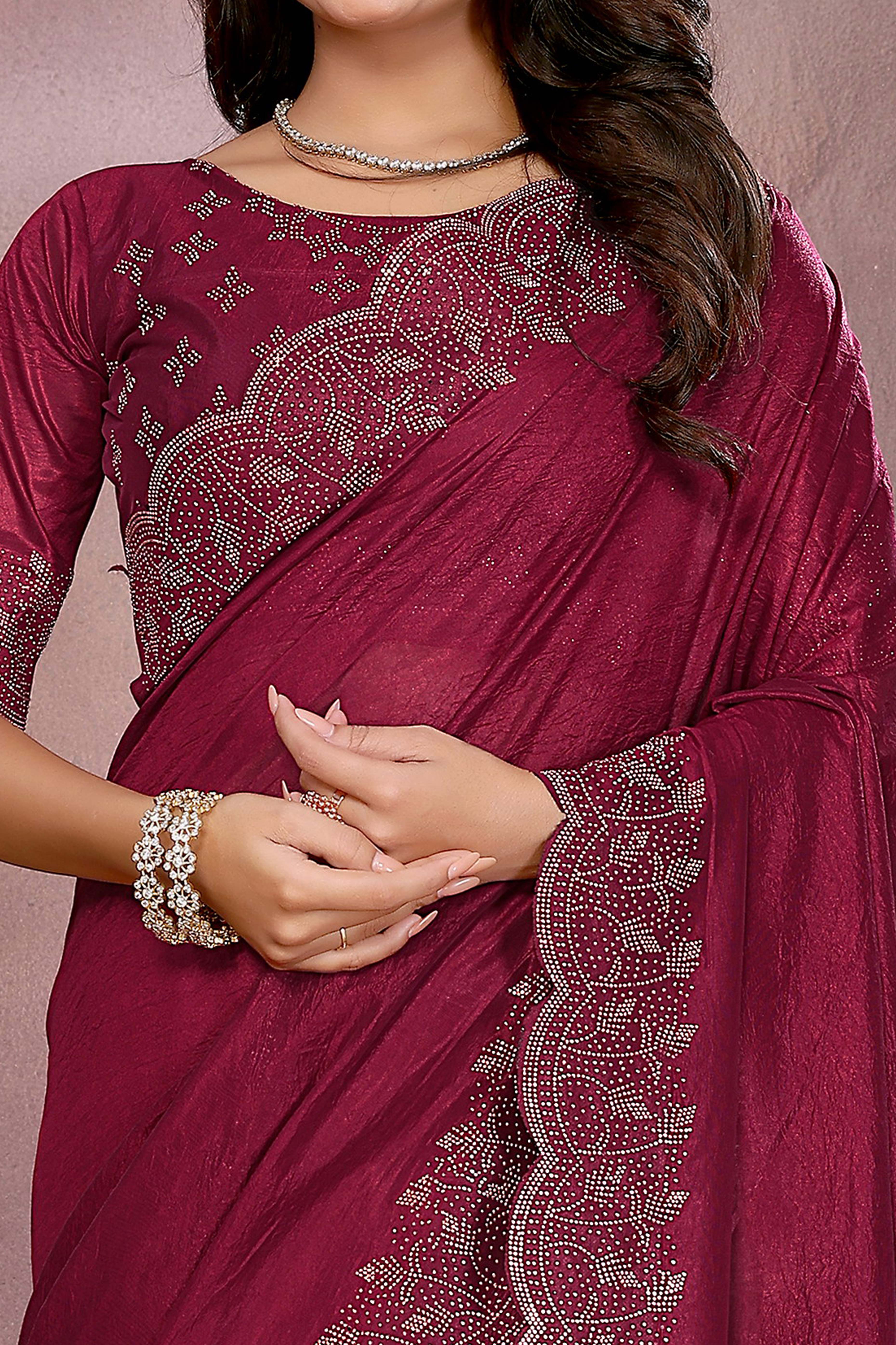 Party Ready Wine Imported Lycra Saree with Glittering Stone Embroidery