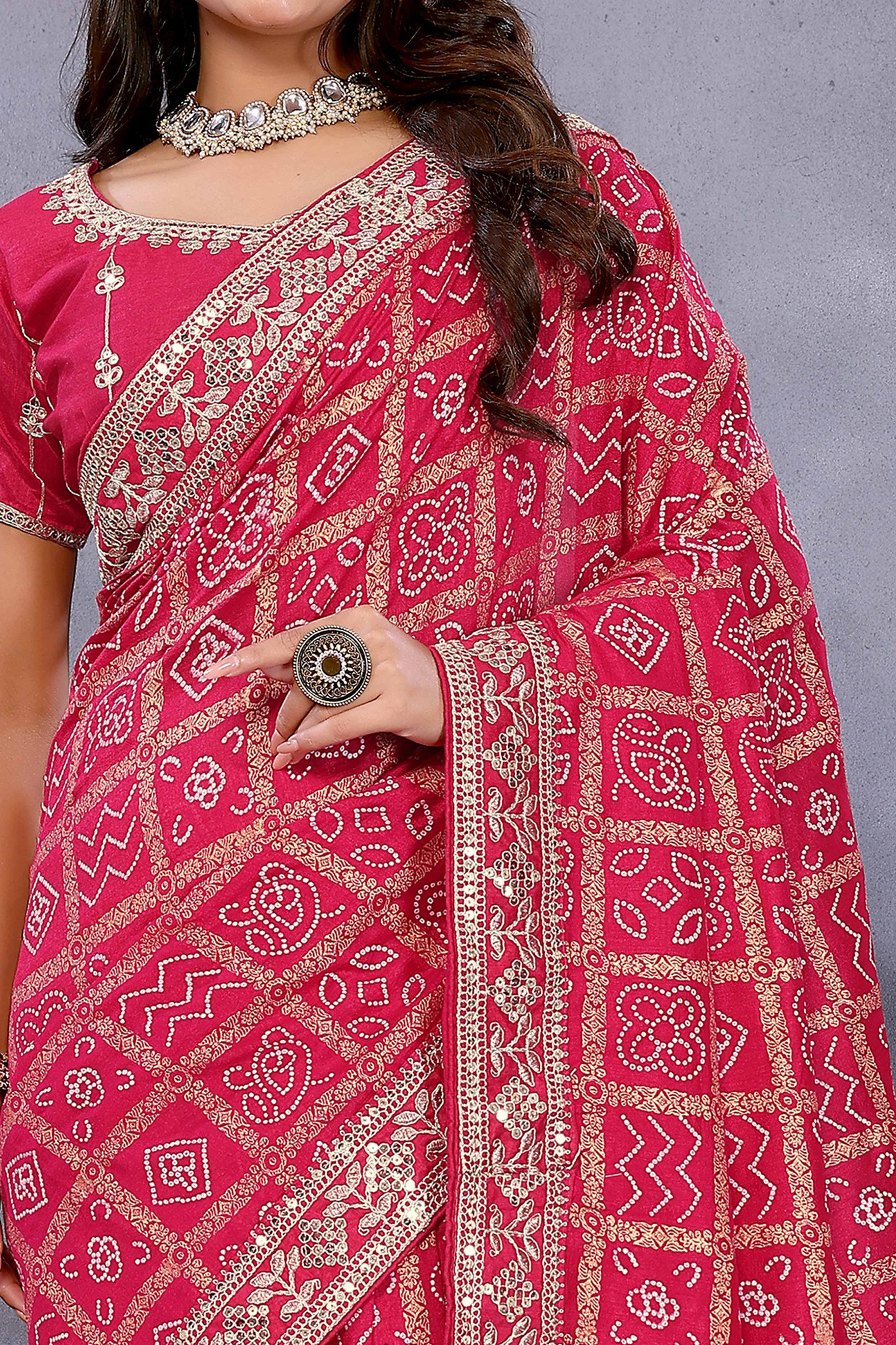 Pink Vichitra Silk Saree Highlighted with Bandhani Print and Sequins Embroidered Border