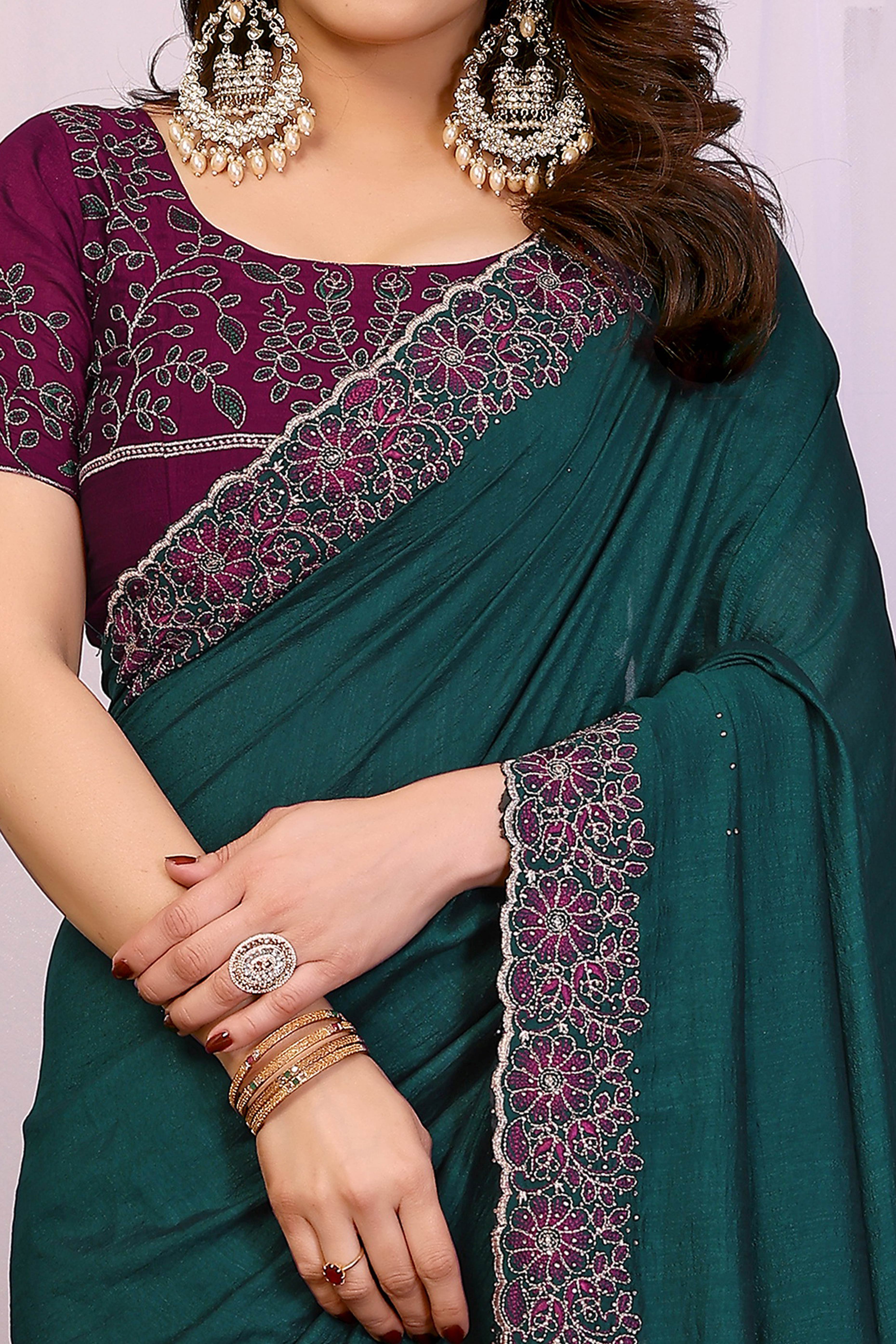 Morpich Green Thread Work Embroidered Vichitra Silk Saree Premium Partywear with Elegant Design