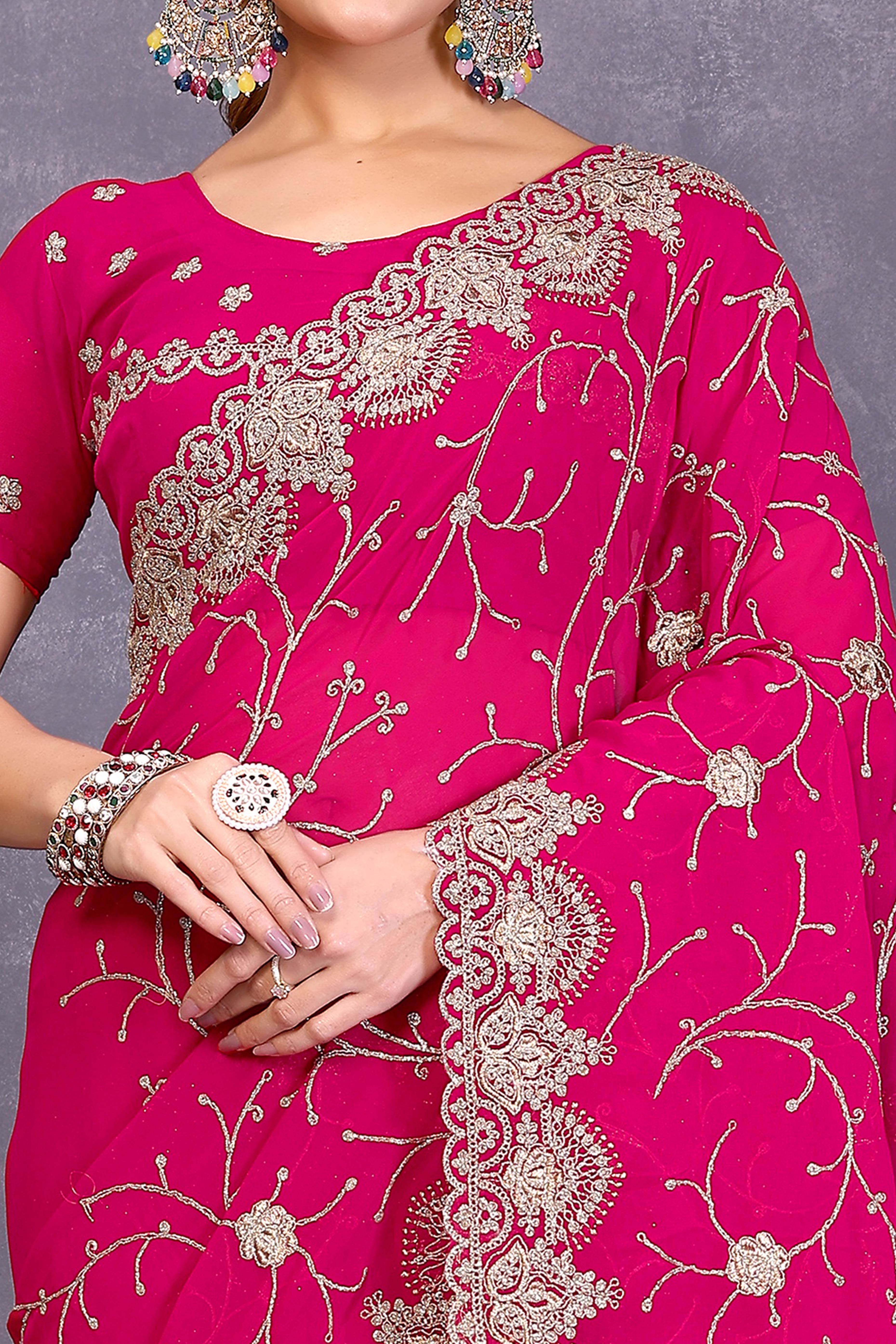 Pink Designer Georgette Saree Enhanced with Delicate Thread Work Embroidery
