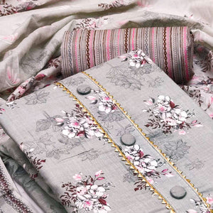 Light Grey Floral Printed Pure Cotton Dress Material