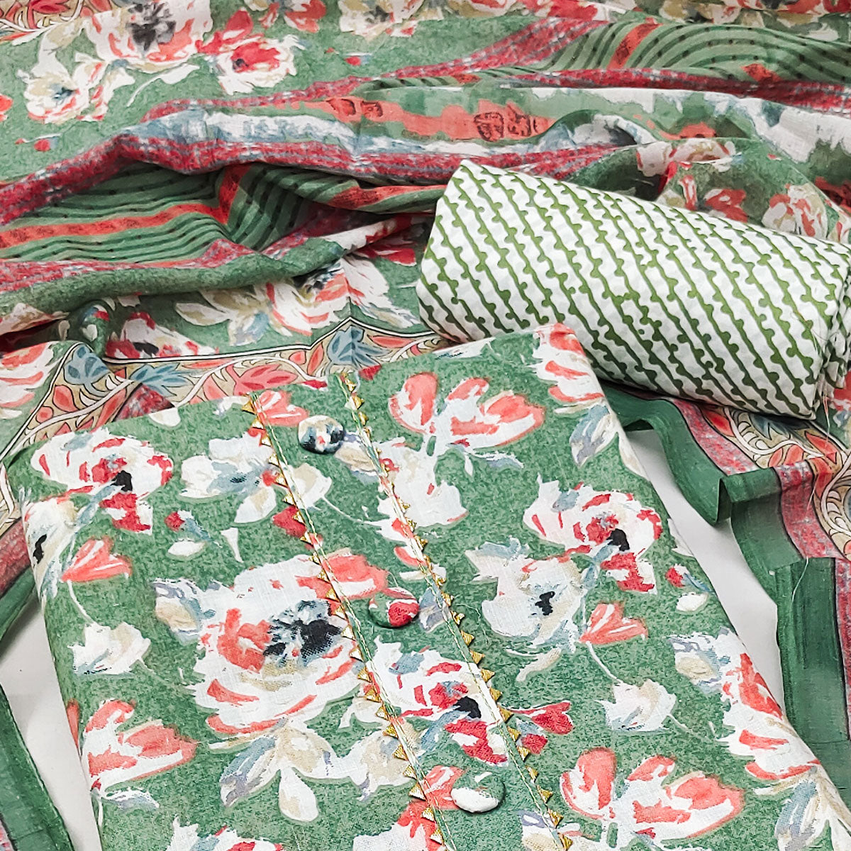 Green Floral Printed Pure Cotton Dress Material