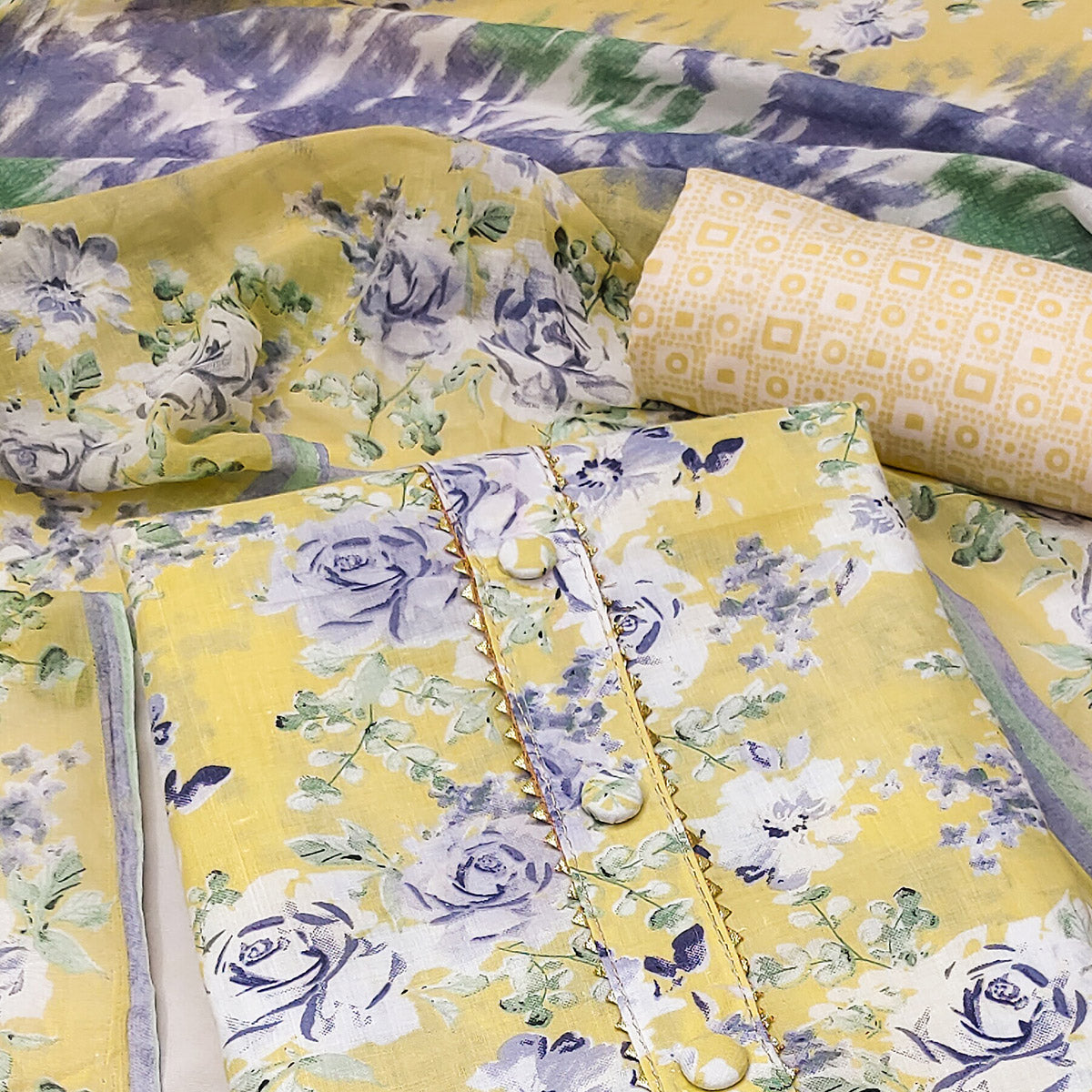 Yellow Floral Printed Pure Cotton Dress Material