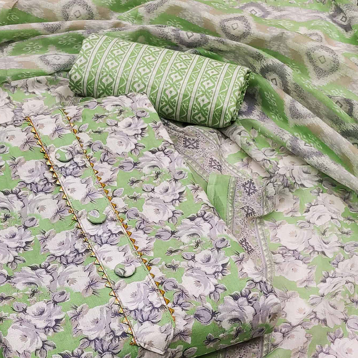 Green Floral Printed Pure Cotton Dress Material