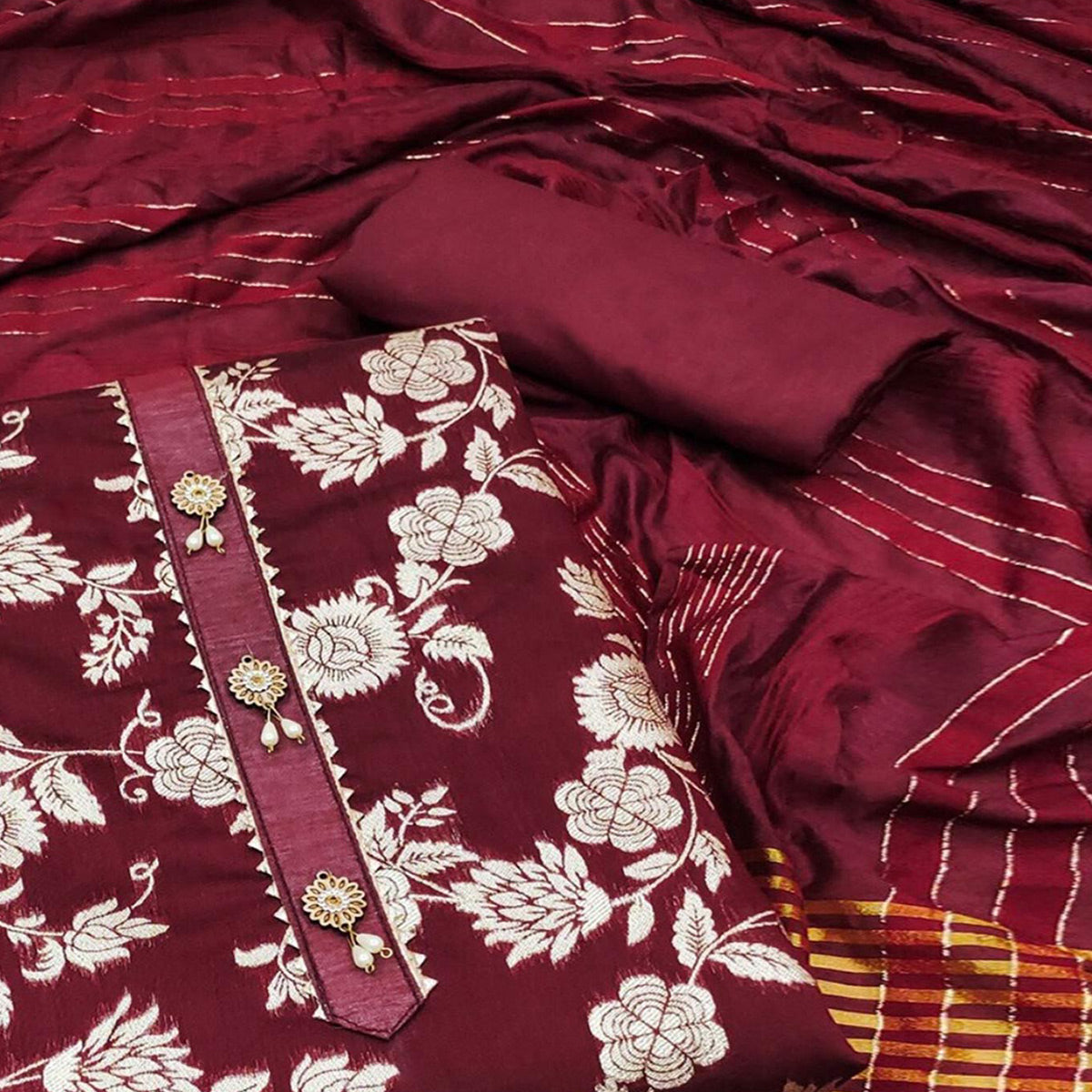 Maroon Floral Woven Modal Dress Material