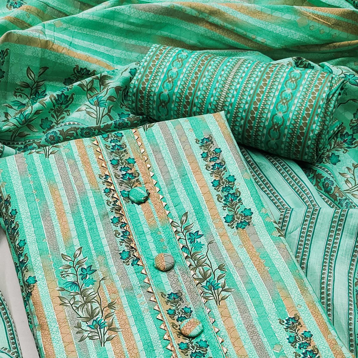 Turquoise Floral Printed Pure Cotton Dress Material