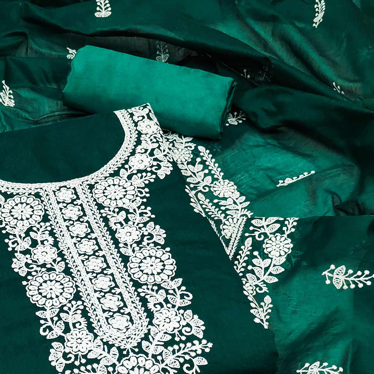 Green Floral Embroidered Modal Dress Material