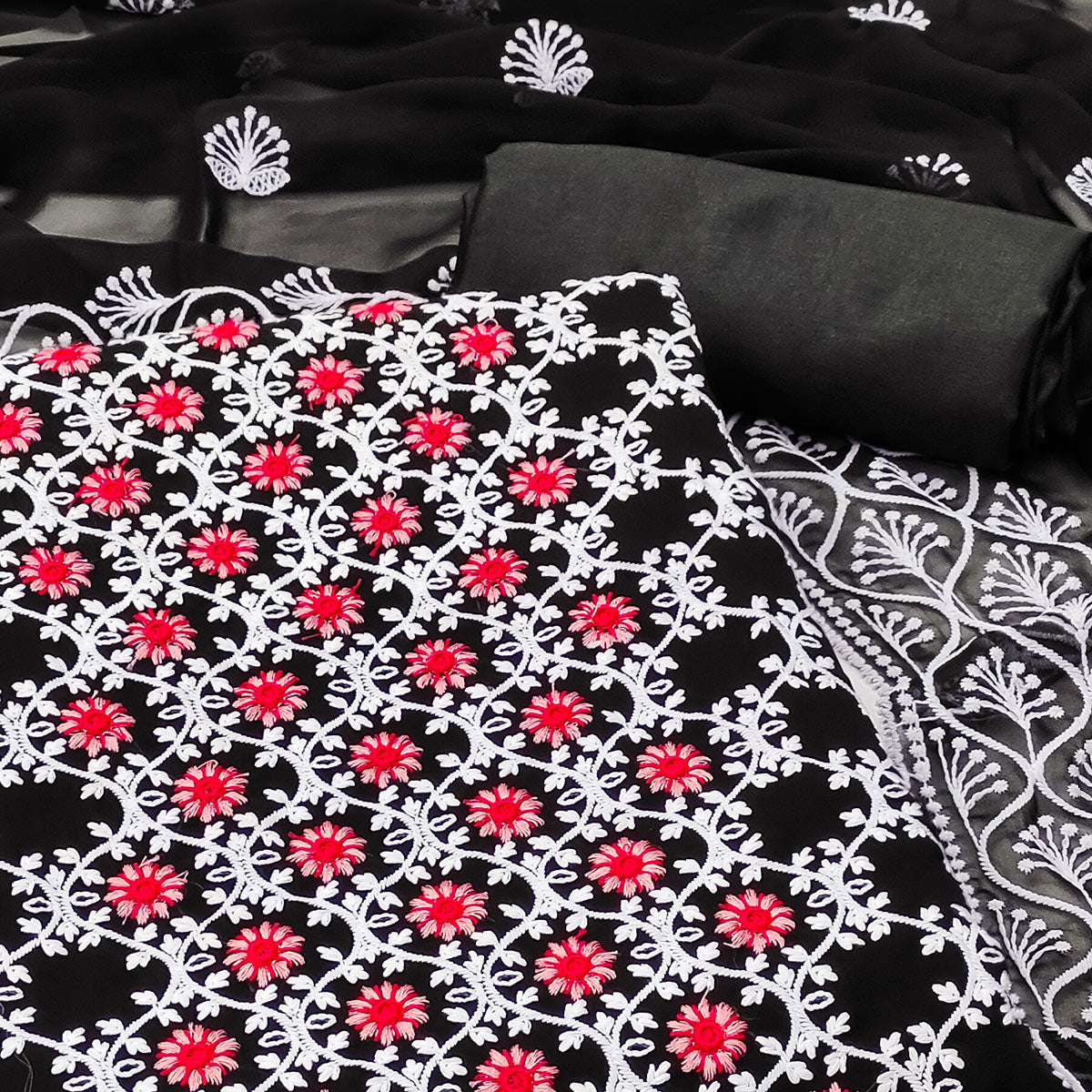 Black Embroidered Georgette Dress Material