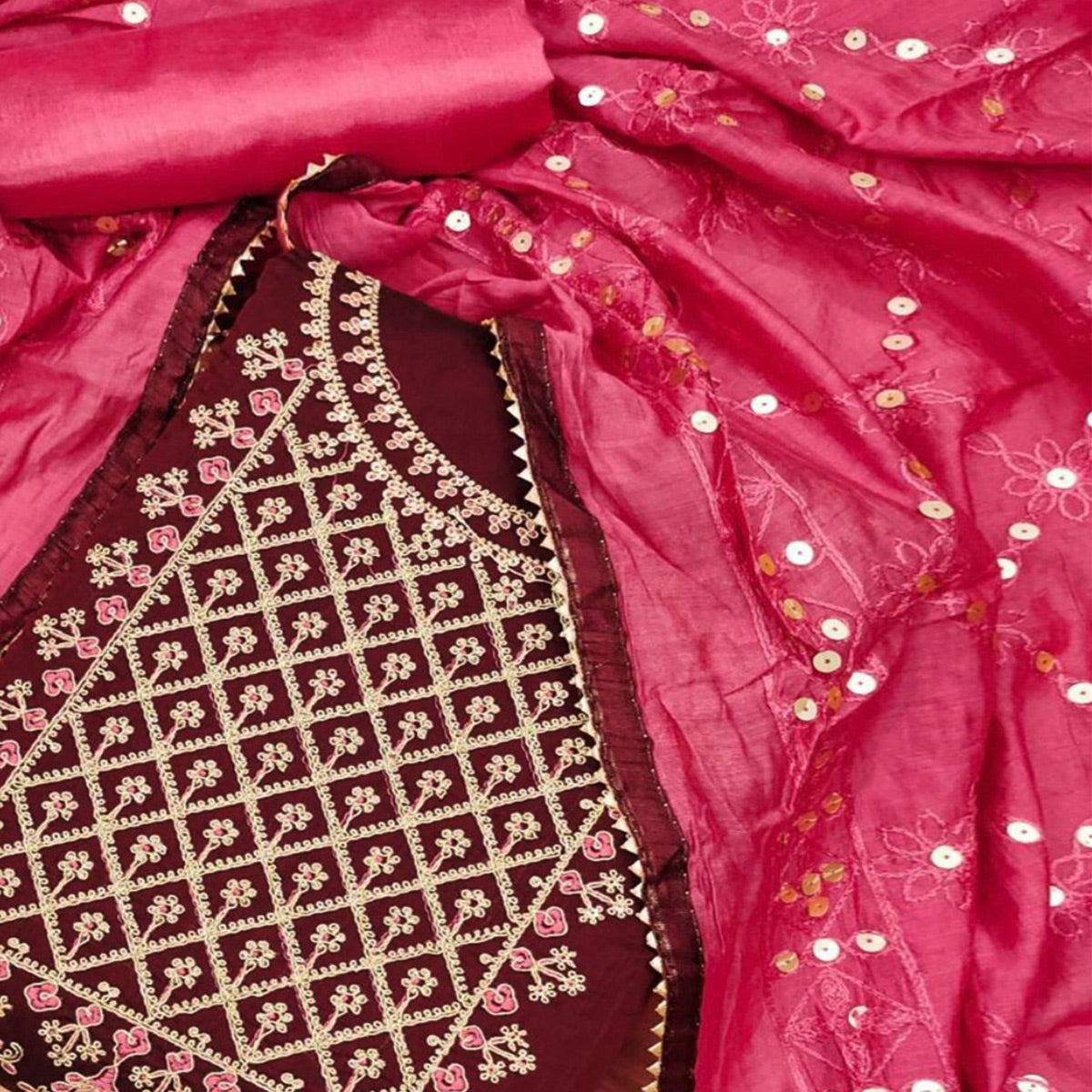 Maroon Floral Embroidered Modal Dress Material