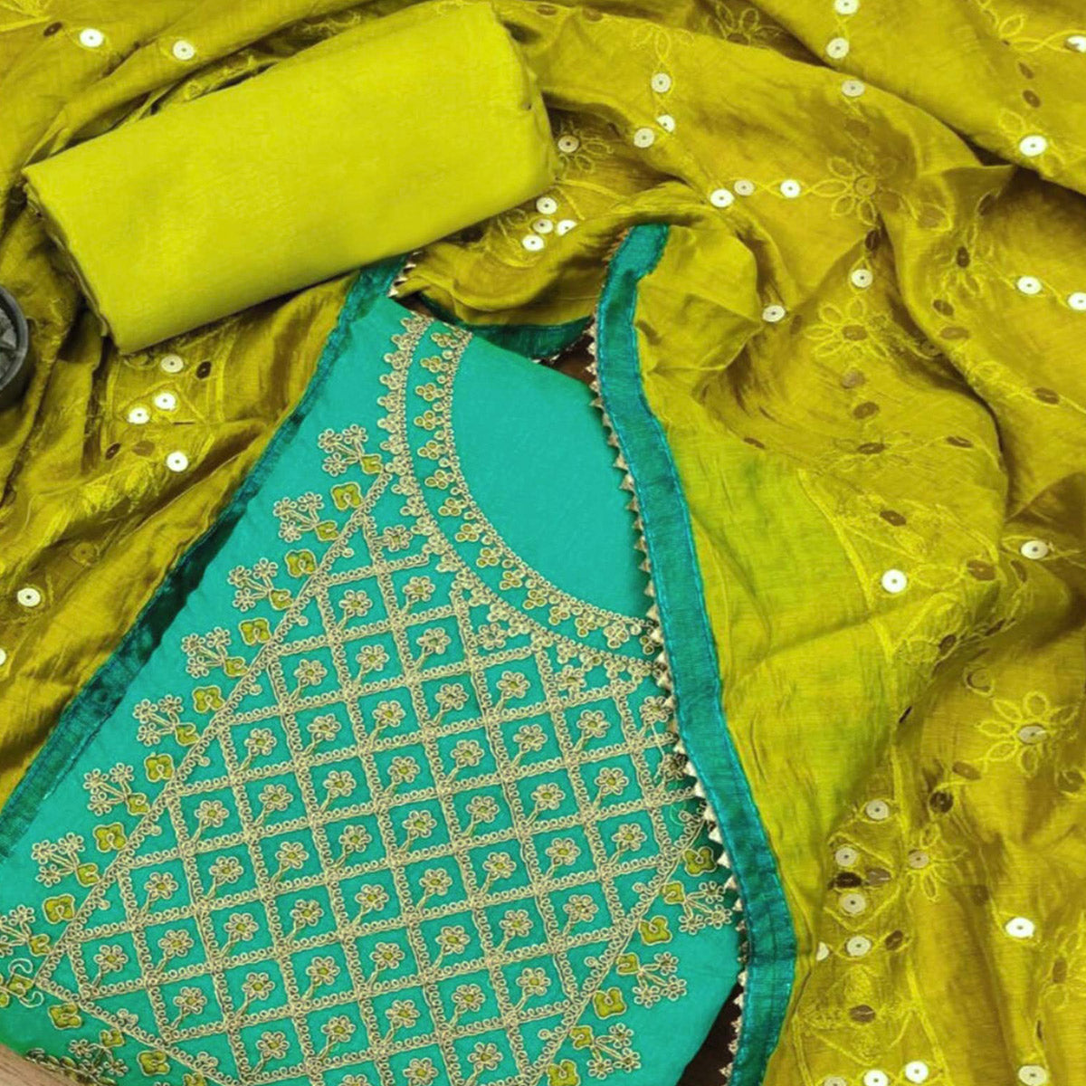 Turquoise Floral Embroidered Modal Dress Material