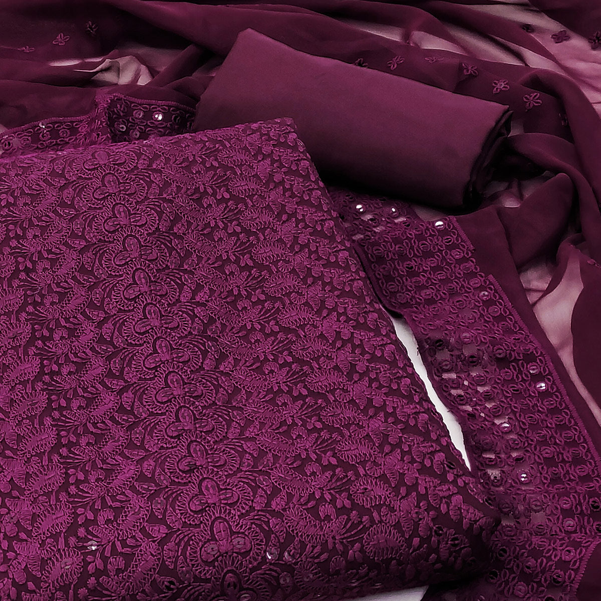 Wine Lucknowi Embroidered Georgette Dress Material