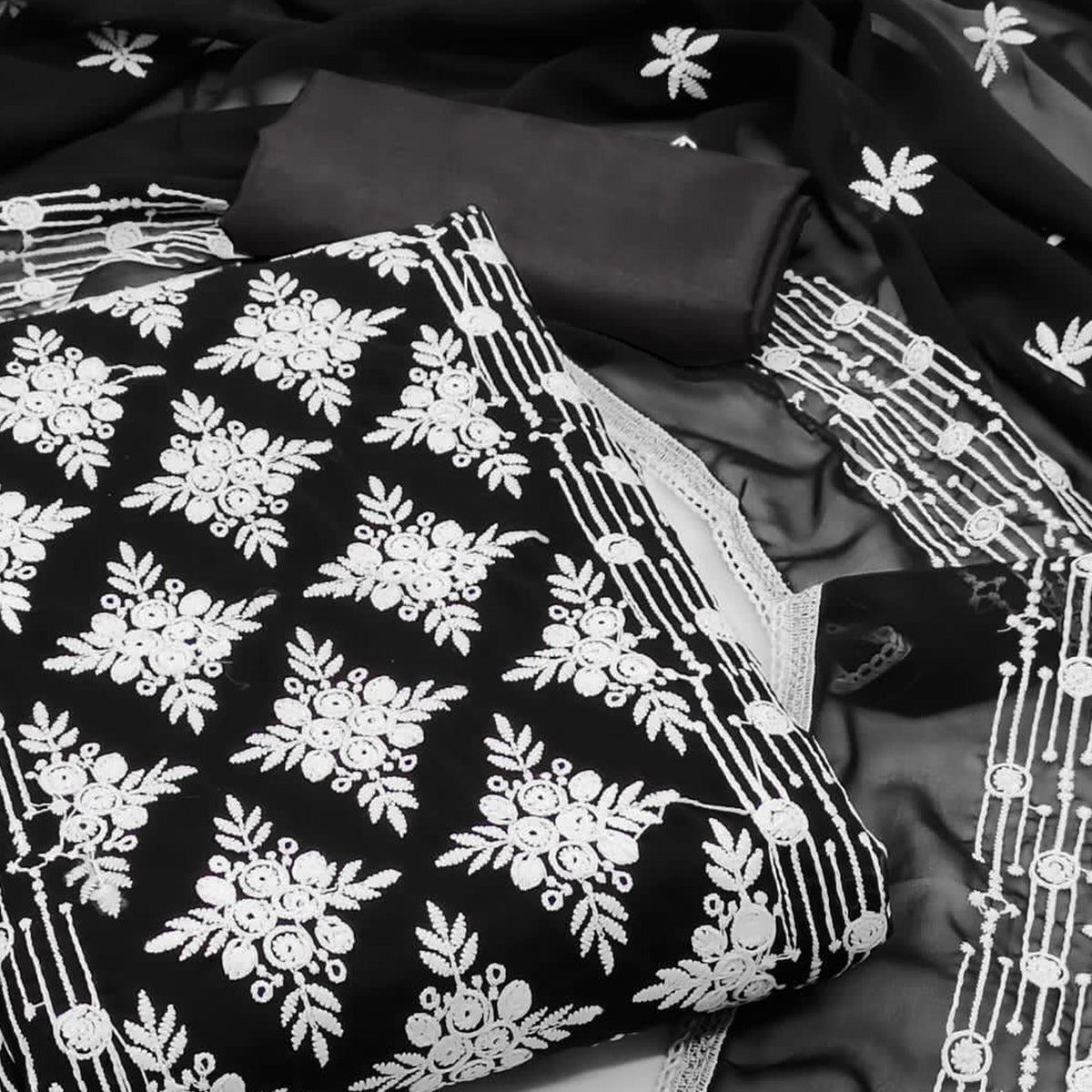 Black Floral Embroidered Georgette Dress Material