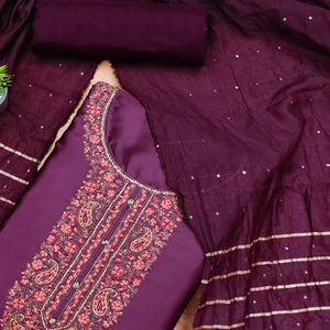 Wine Embroidered Cotton Blend Dress Material