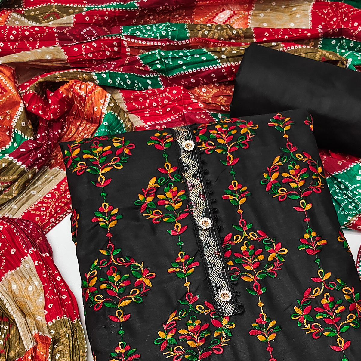 Black Floral Embroidered Cotton Blend Dress Material