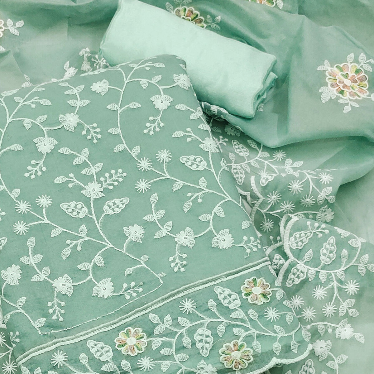 Sea Green Floral Embroidered Chanderi Dress Material