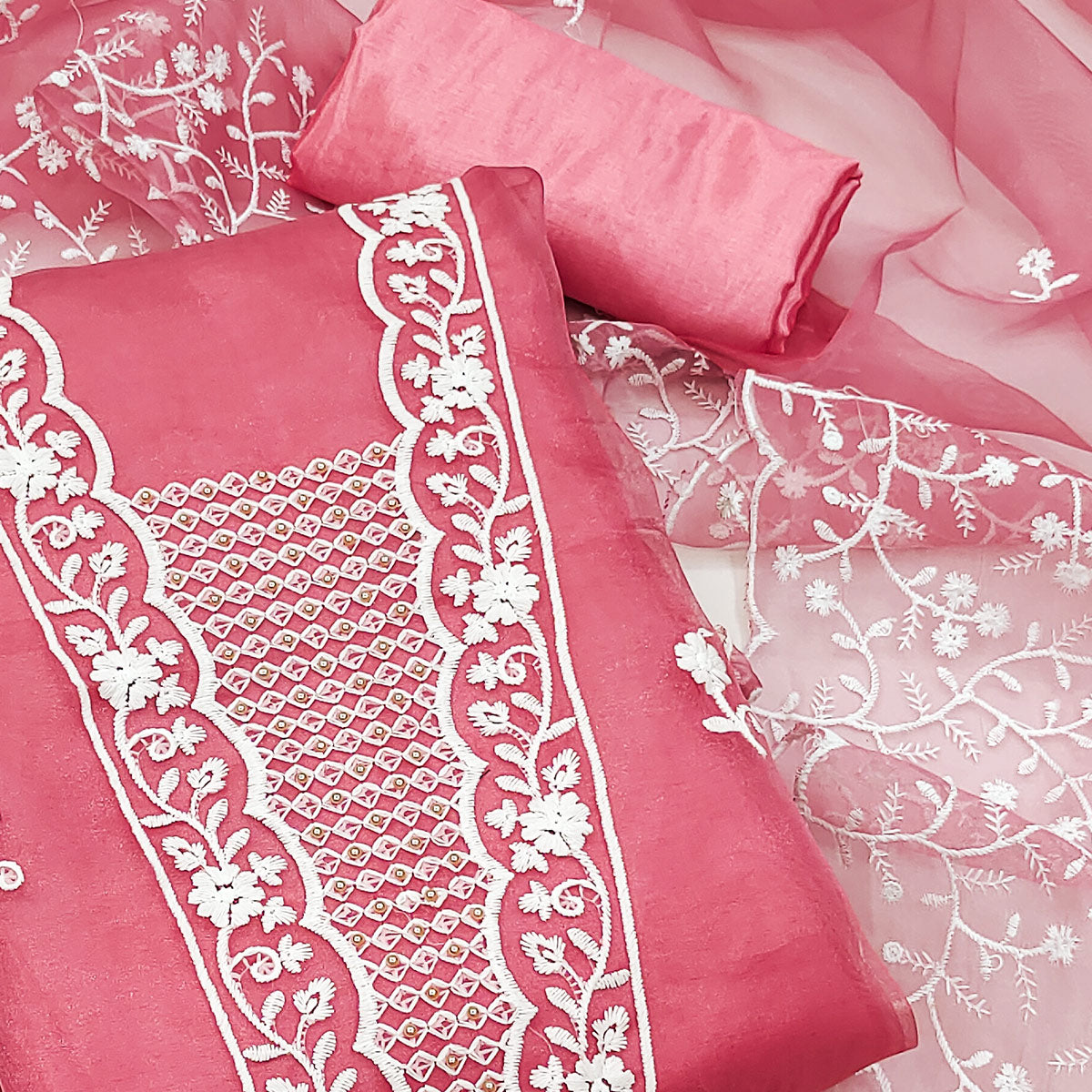 Pink Floral Embroidered Organza Dress Material