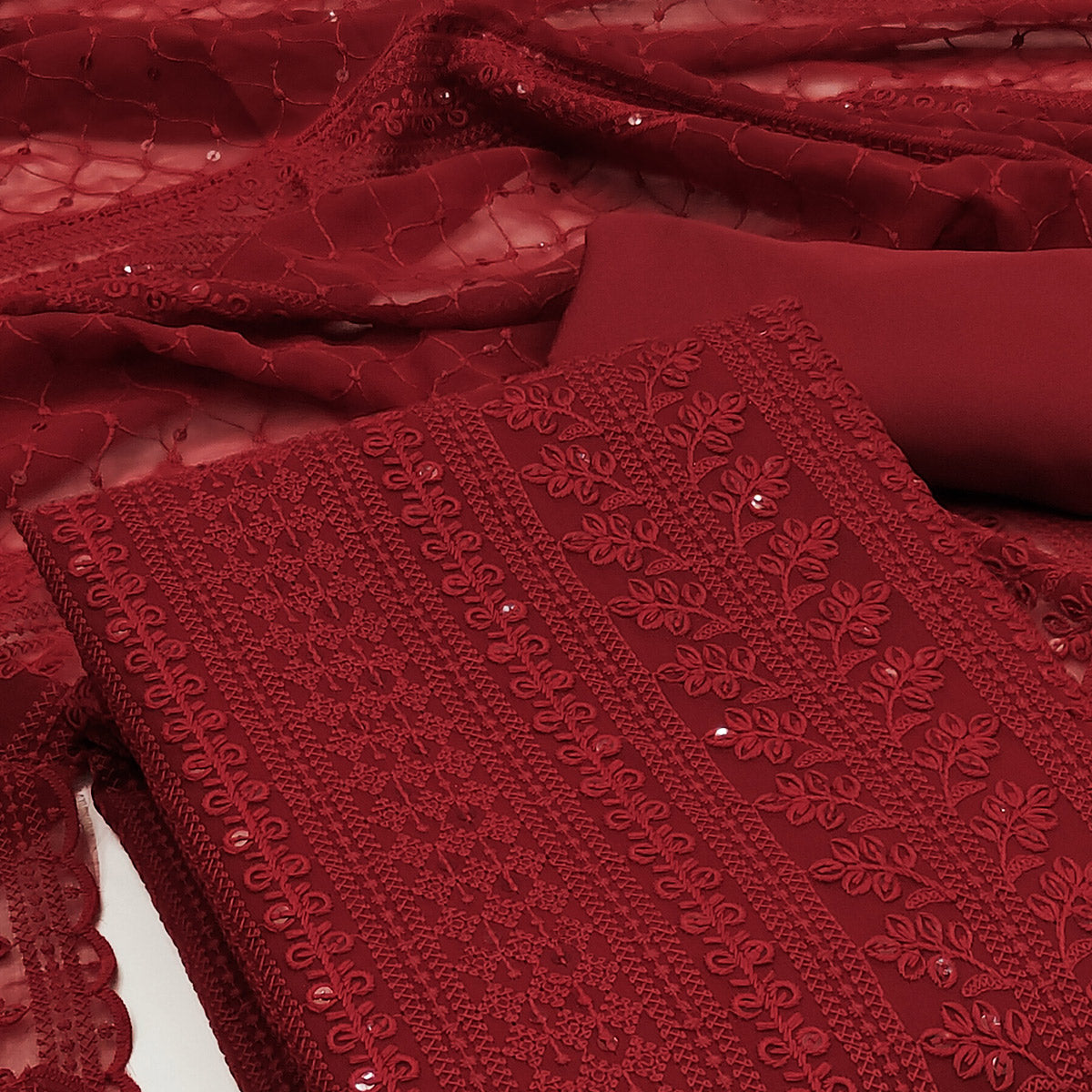 Maroon Lucknowi Embroidered Georgette Dress Material