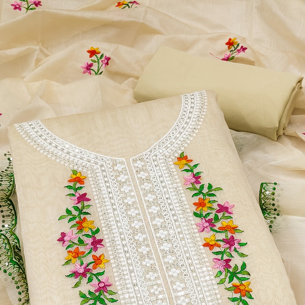 Cream Floral Embroidered Chanderi Dress Material