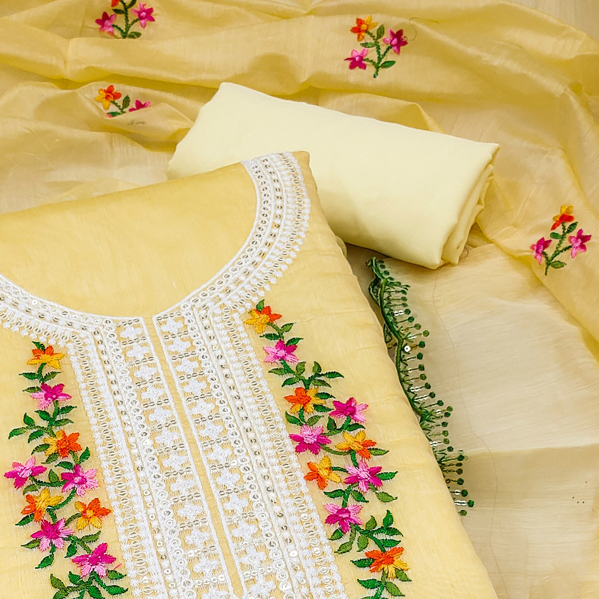 Yellow Floral Embroidered Chanderi Dress Material