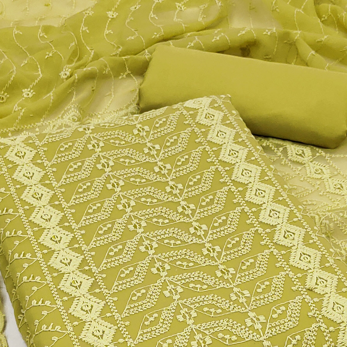 Green Lucknowi Embroidered Georgette Dress Material