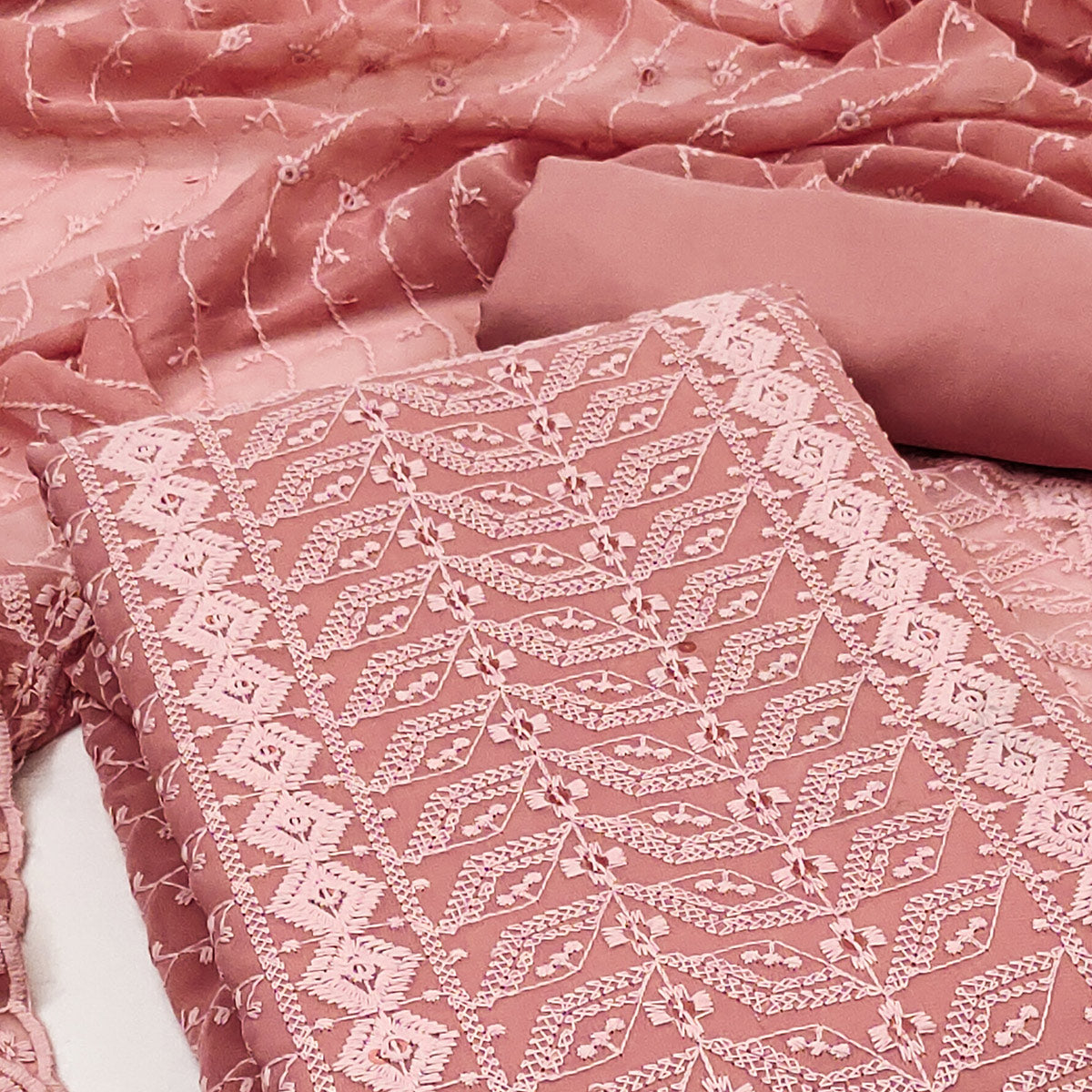 Peach Lucknowi Embroidered Georgette Dress Material