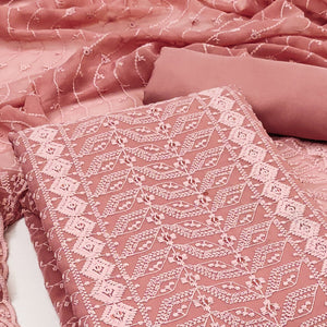 Peach Lucknowi Embroidered Georgette Dress Material