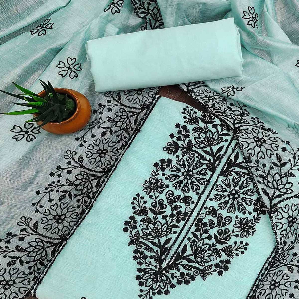 Blue Floral Embroidered Chanderi Dress Material