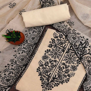 Cream Floral Embroidered Chanderi Dress Material