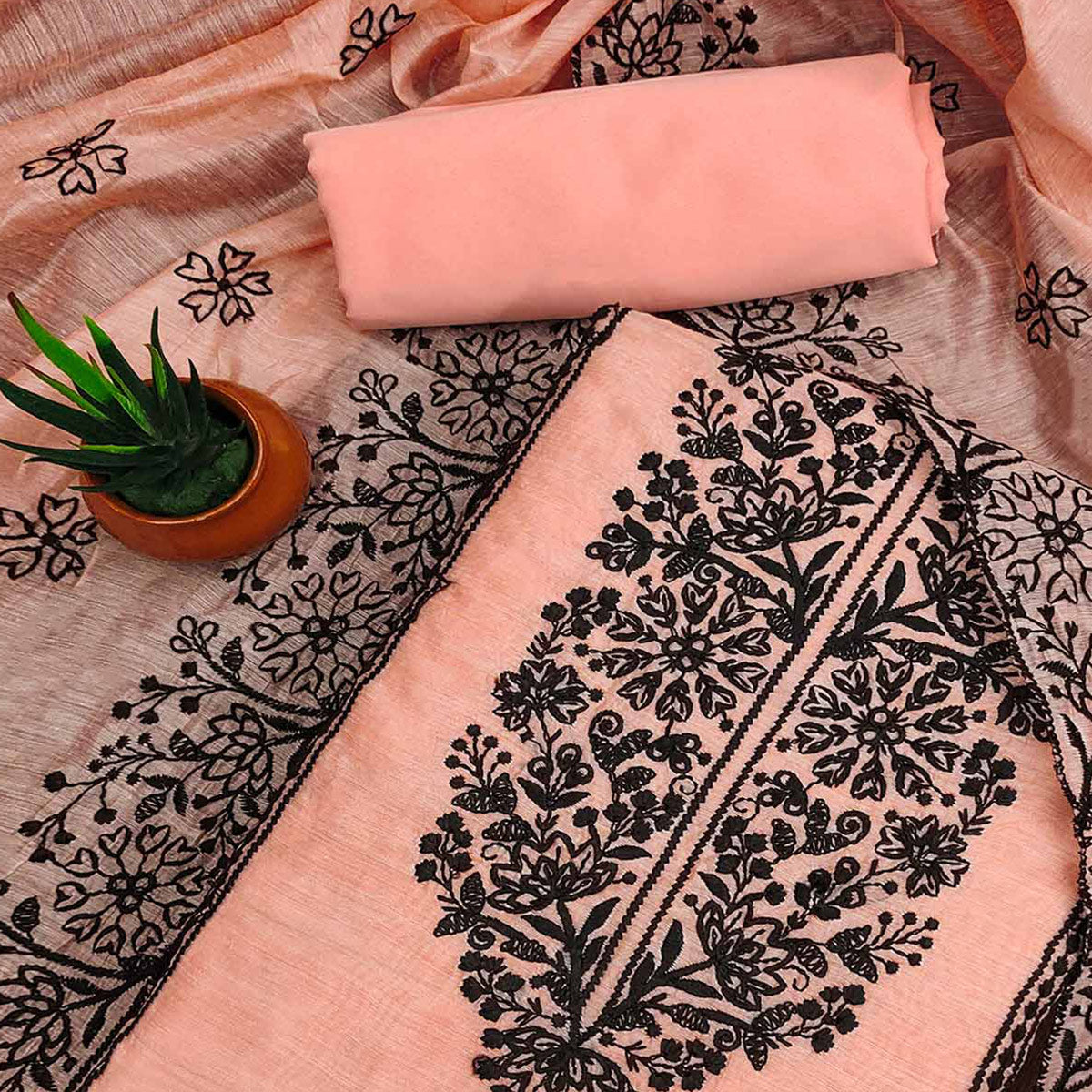 Peach Floral Embroidered Chanderi Dress Material