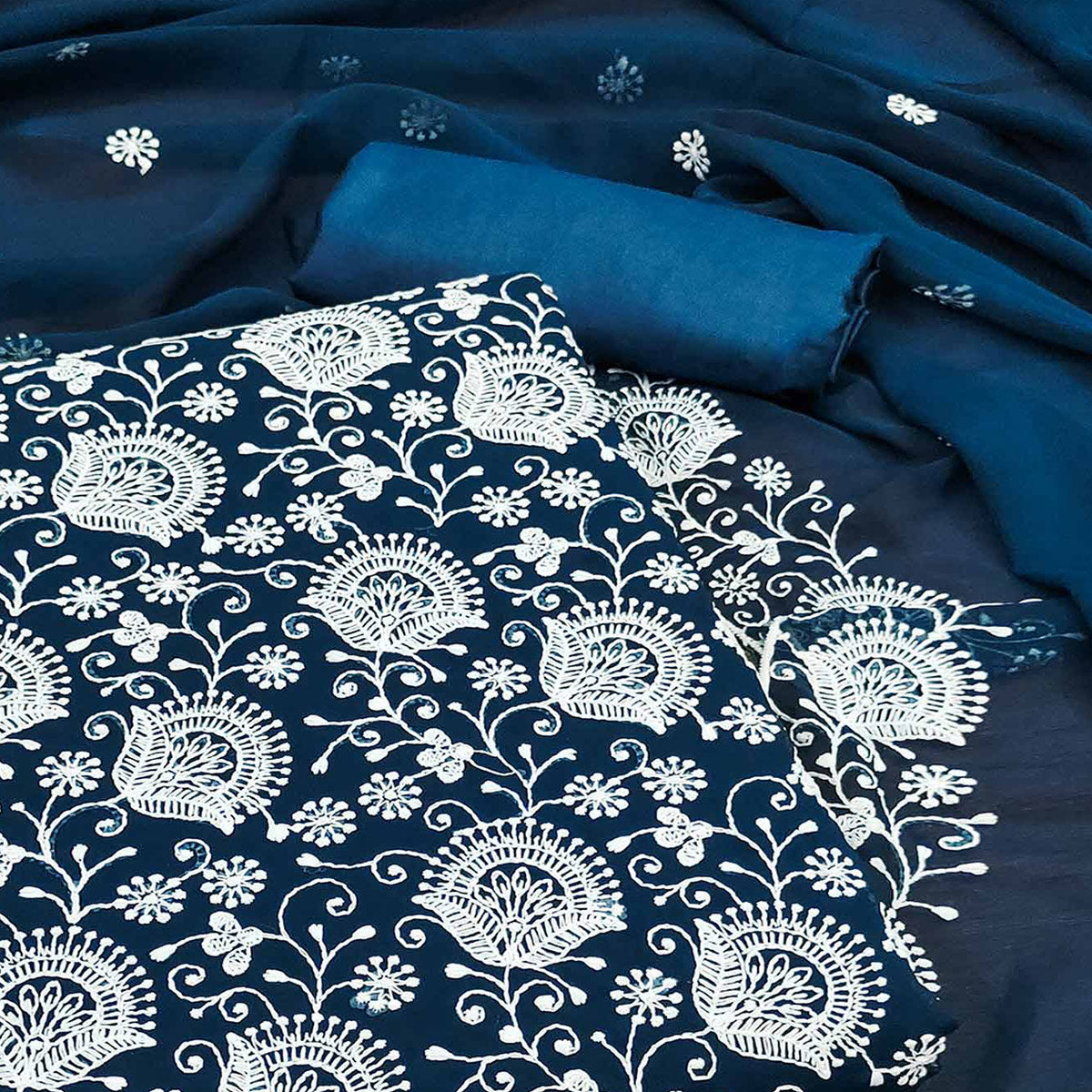 Blue Floral Embroidered Georgette Dress Material