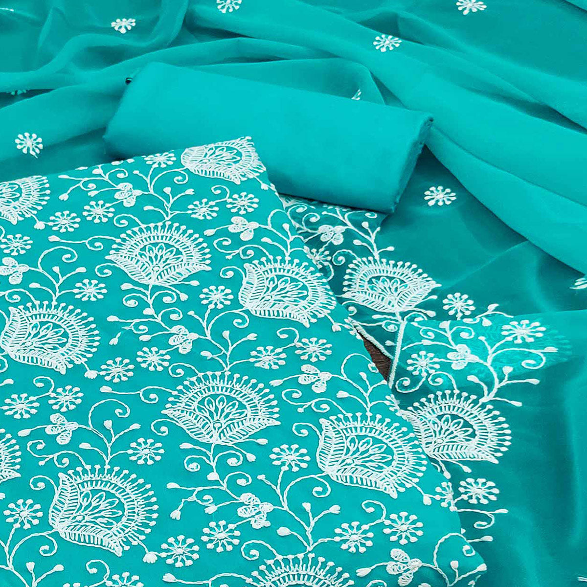Turquoise Floral Embroidered Georgette Dress Material