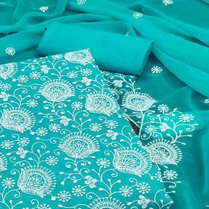 Turquoise Floral Embroidered Georgette Dress Material