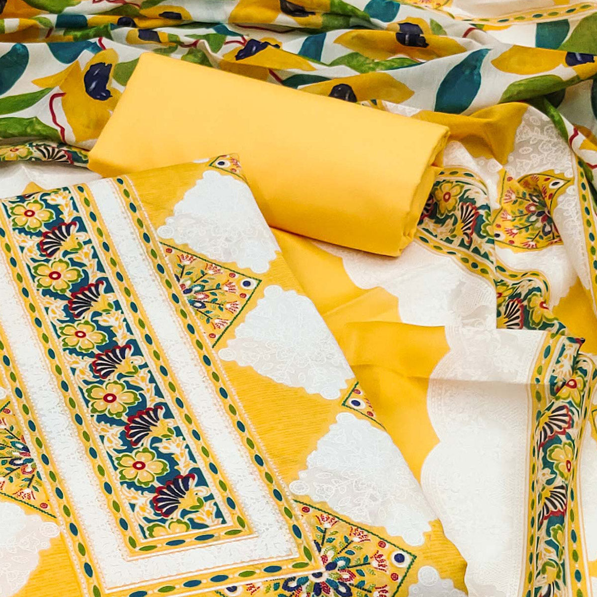 Yellow Floral Printed Pure Cotton Dress Material
