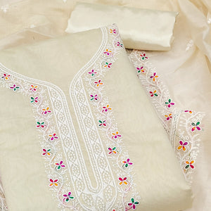 Cream Chanderi Silk Dress Material Beautified with Intricate Floral Thread Embroidery