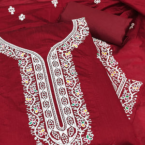 Maroon Chanderi Silk Dress Material Beautified with Intricate Floral Thread Embroidery
