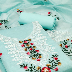 Blue Floral Sequins Embroidered Chanderi Dress Material