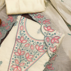 Cream Floral Embroidered Chanderi Dress Material