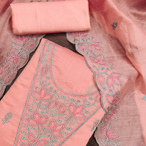Dark Peach Floral Embroidered Chanderi Dress Material