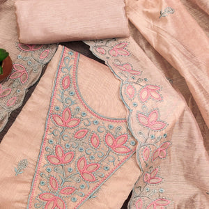 Light Peach Floral Embroidered Chanderi Dress Material