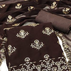 Brown Floral Sequins Embroidered Georgette Dress Material