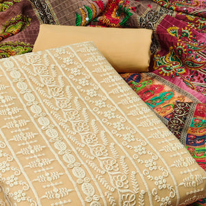Light Yellow Floral Chikankari Work Georgette Dress Material