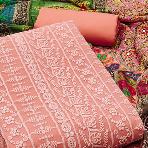 Peach Floral Chikankari Work Georgette Dress Material