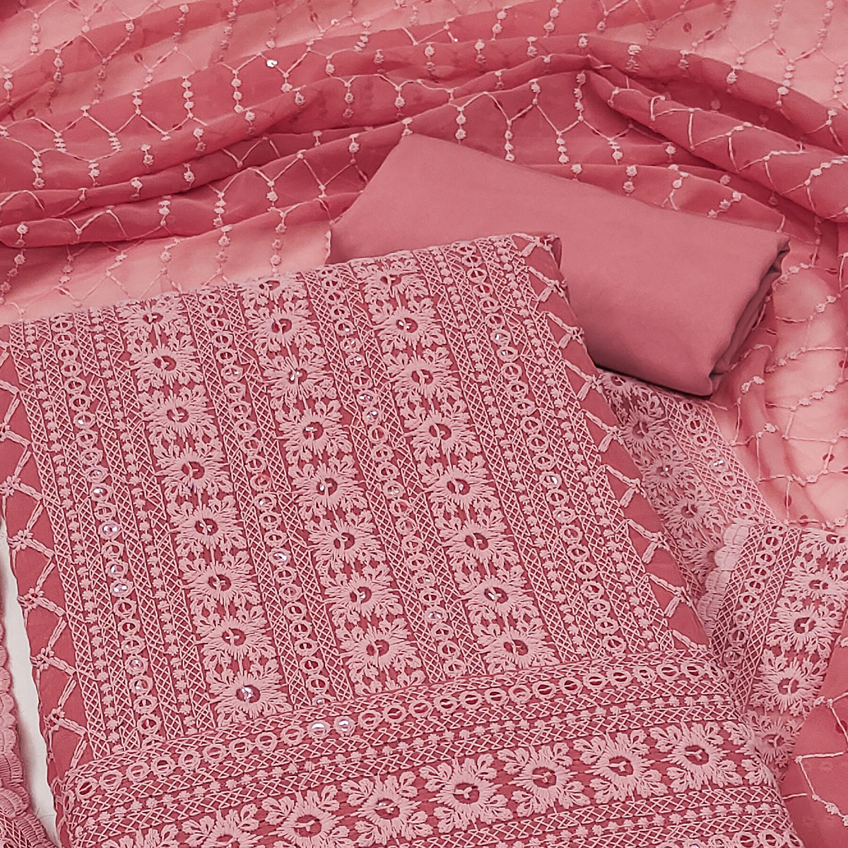 Pink Chikankari Work Georgette Dress Material