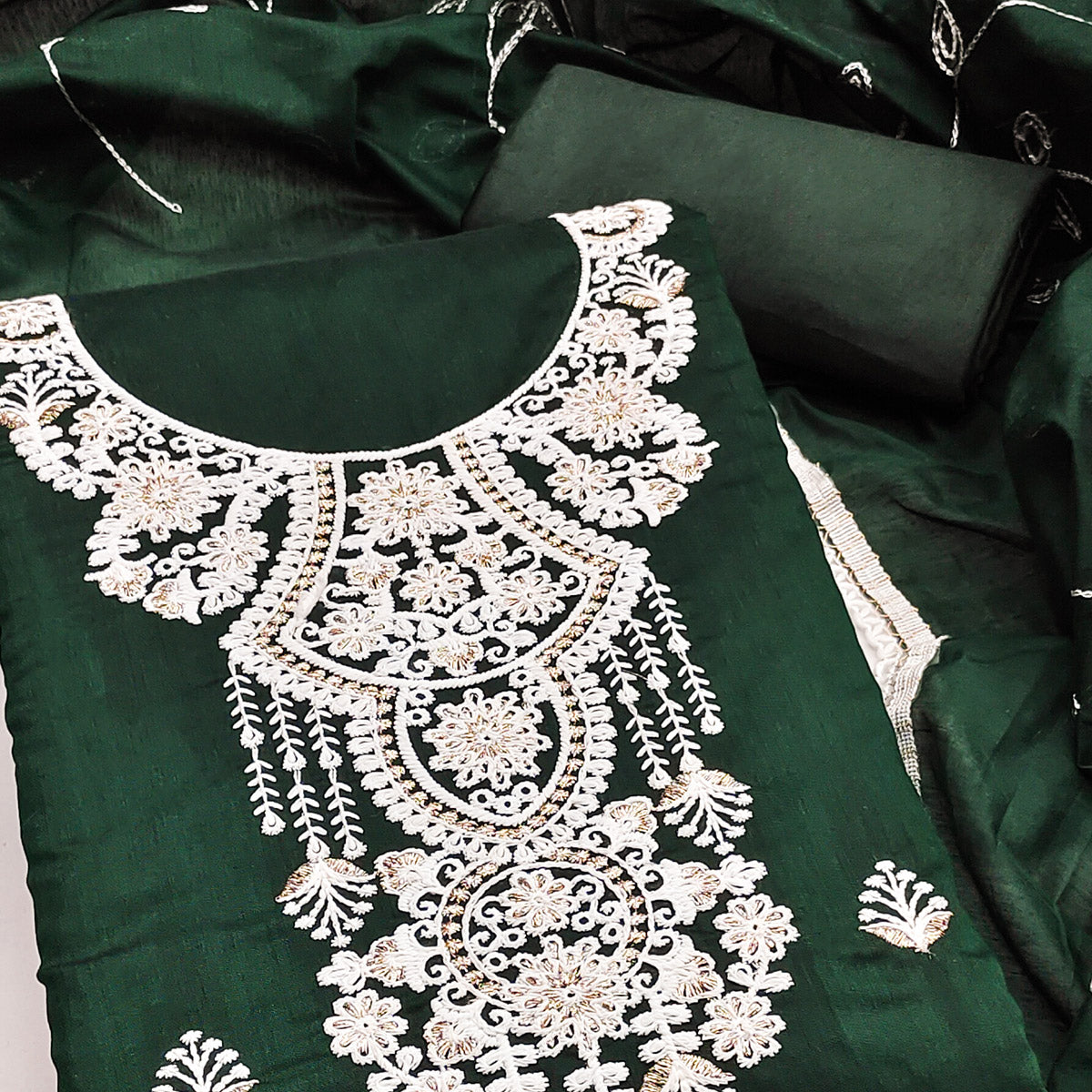 Bottle Green Floral Embroidered Chanderi Dress Material